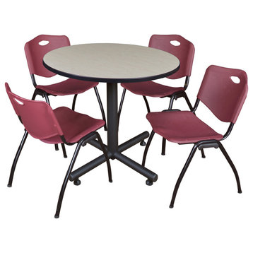Kobe 36" Round Breakroom Table- Maple & 4 'M' Stack Chairs- Burgundy