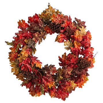 Nearly Natural 24" Autumn Maple, Berries and Pinecone Fall Artificial Wreath