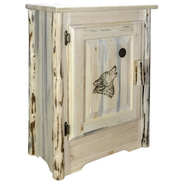 Montana Woodworks Wood Accent Cabinet with Engraved Wolf in Natural