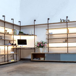 McLeod Reused Scaffolding & Pipe Industrial Desk & LED Lit Shelves with Storage - Bookcases