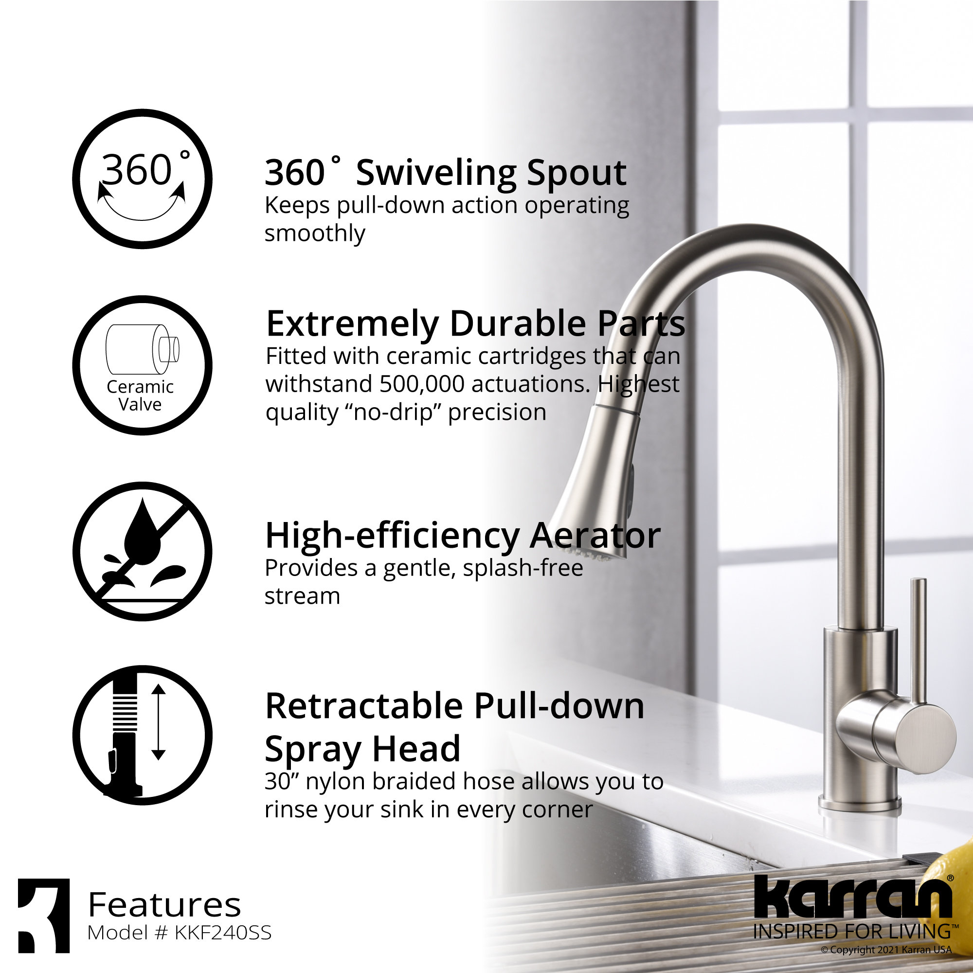 Karran 1-Handle Pull-Down Kitchen Faucet With Soap Dispenser, Stainless Steel