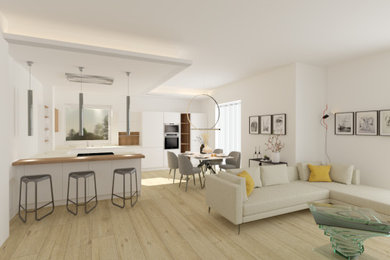Foto di un grande soggiorno contemporaneo aperto con pareti bianche e pavimento con piastrelle in ceramica