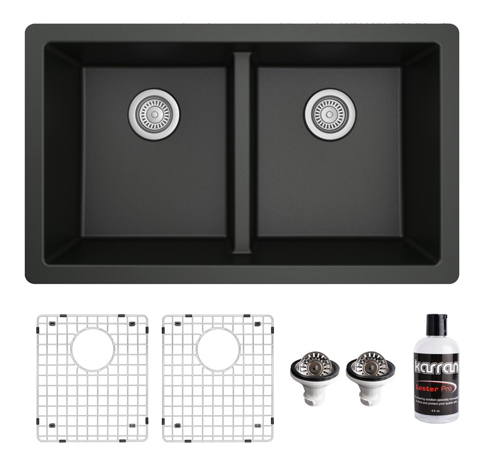 Karran 32" Undermount Double Bowl 50/50 Quartz Kitchen Sink Kit, Black