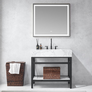 Ecija Bath Vanity, Metal Support with Stone Top, Matte Black, 36 in., With Mirror
