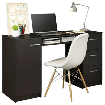 Modern Desk, Rectangular Table Top With Storage Drawers & Metal Handles, Black