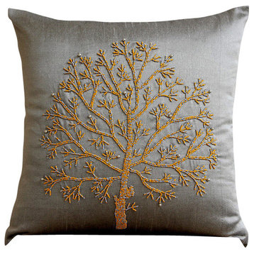 Tree Indian Pillow Covers Silver & Grey 20"x20" Art Silk Beaded, Tree Of Faith
