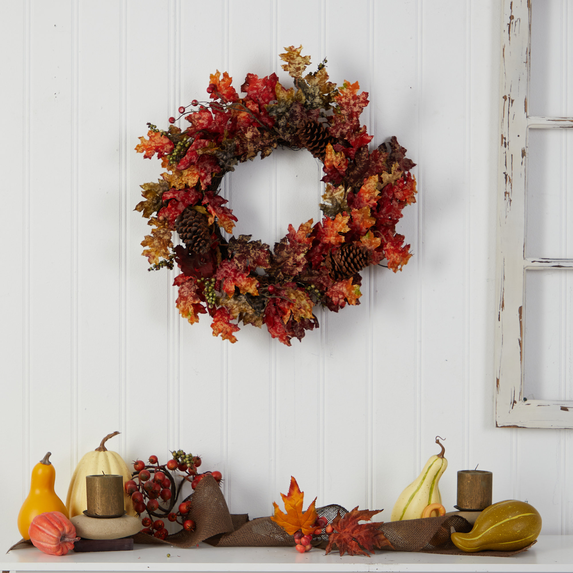 Nearly Natural 24" Autumn Maple, Berries and Pinecone Fall Artificial ...