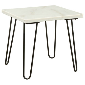 Marble Top End Table With Hairpin Style Metal Legs, White And Black