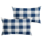 Mozaic Company - Dark Blue Buffalo Plaid Outdoor Pillow Set, 14x24 - Use this set of two oversized outdoor lumbar pillows as a way to enhance the decorative quality of any seating area. With a classic buffalo plaid pattern, these pillows add an eye-catching and elegant touch wherever they are used. The exteriors are UV and fade resistant to maintain the attractive look and feel through long-term outdoor use. The 100 percent recycled fiber fill ensures a soft and supportive experience to maximize comfort.