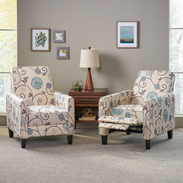 Susan Fabric Recliner, Set of 2, Light Beige With Blue Floral and Dark Brown