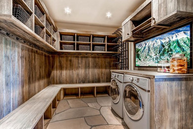 Inspiration for a rustic laundry room remodel in Denver