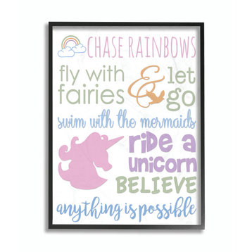 Stupell Industries Chase Rainbows Believe Typography, 24"x30", Black Framed