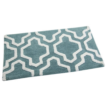 Anti-Skid Machine Washable Cotton Geometric Bath Rug, Arctic Blue/White, 50"x30"