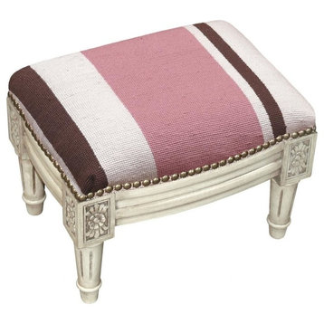 Stripes Wool Needlepoint Antique White Wash Wooden Footstool, Pink and Brown