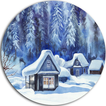 Blue Winter Cottages, Landscape Large Disc Metal Wall Art, 11"