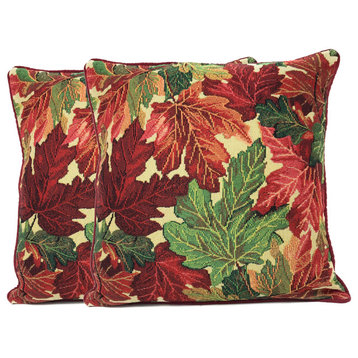 Warm Tapestry Colorful Thanksgiving Leaves Throw Pillow Cover, Set Of 2, 16"x16"