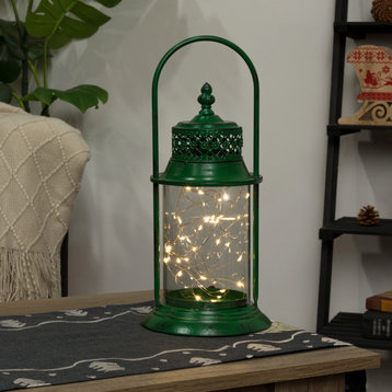 Antique Metal & Glass Lantern with Warm LED Lights, Green