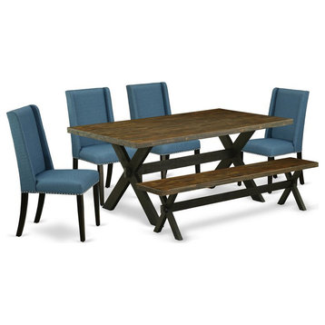 East West Furniture X-Style 6-piece Traditional Wood Dining Set in Black