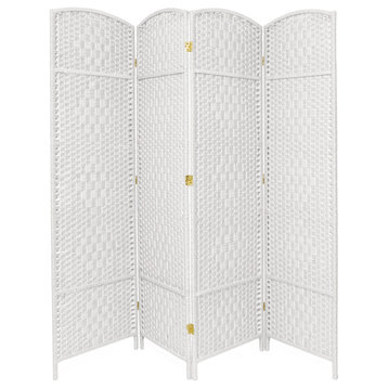 Tall Room Divider, 4 Plant Fiber Woven Panels With Diamond Pattern, White