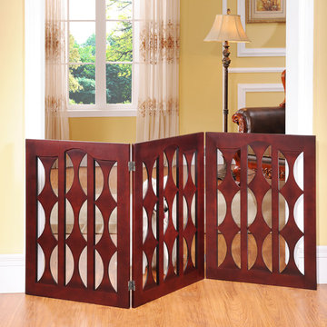 Emma Three Panel, 36 inch Pet Gate with Geometric Design in Mahogany Wood by Ele