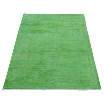 Kelly Green Cast Overdyed Peshawar, Hand Knotted, Pure Wool, Rug, 4'2"x6'