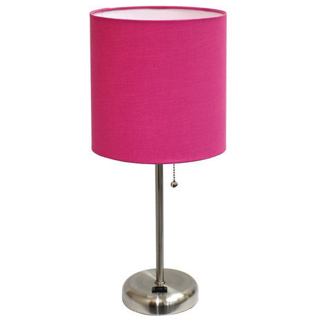 LimeLights Silver Metal Stick Lamp w/ Power Outlet with Pink Shade