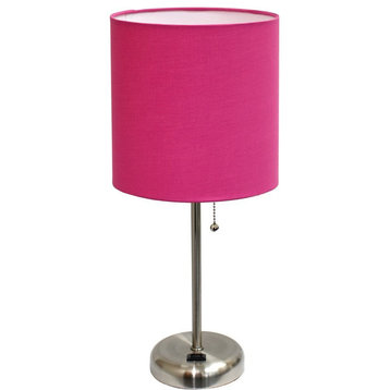 LimeLights Silver Metal Stick Lamp w/ Power Outlet with Pink Shade