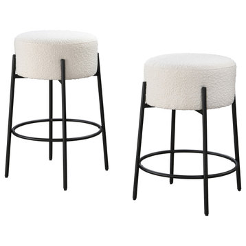 Danica Bar Stool with Upholstered Seat, (Set of 2), White Boucle, 24"