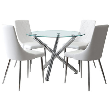 5-Piece Dining Set, Chrome Table With White Chair