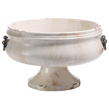 "Corsica" 16" Wide Ceramic Decorative Bowl with Iron Handle, Beige and White