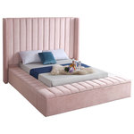 Meridian Furniture - Kiki Velvet Bed, Pink, King - Make a bold statement in your bedroom with this stunning Kiki pink velvet king bed. Its pink velvet design with channel tufting gives it a chic, textured appearance that's both comfortable and dramatic. This king size bed features storage rails along its full slats frame, making it the perfect solution for individuals in limited sleeping spaces. Its width of 104 inches, depth of 99 inches, and height of 65 inches offers ample room to sleep without being cramped.