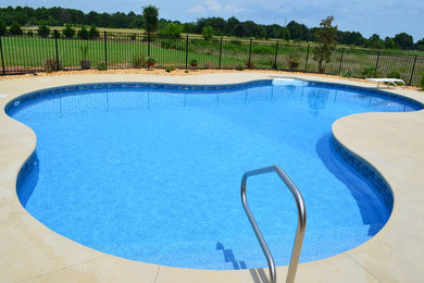 Inspiration for a large traditional backyard custom-shaped pool in Other with concrete slab.
