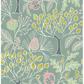 2903-25832 Shiloh Green Botanical Wallpaper Non Woven Eclectic Style