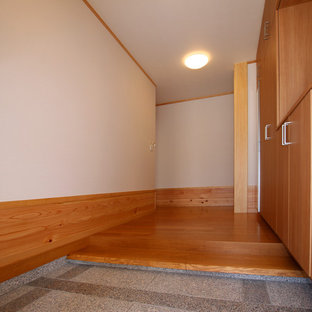 Свежая идея для дизайна: маленькая узкая прихожая в стиле модернизм с белыми стенами, полом из фанеры и коричневым полом - отличное фото интерьера