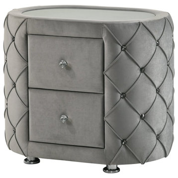 Contemporary 2 Drawers Nightstand, Gray Velvet Upholstery With Diamond Stitching