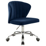 Meridian Furniture - Finley Swivel and Adjustable Velvet Upholstered Office Chair, Navy, Chrome Base - Count on the Finley Velvet Office Chair to give them something to talk about around the water cooler. This beautiful office chair has a svelte seashell-inspired back that's channel tufted for sumptuously inviting look and added comfort to help you get through those long hours chained to your desk. Reward yourself for the VIP you are with this chair that's upholstered in soft navy velvet that feels luxurious against the skin no matter how hard you work. The rich chrome base features five casters to make it easy to roll from your workstation to the printer, and this swiveling chair's adjustable for added comfort.