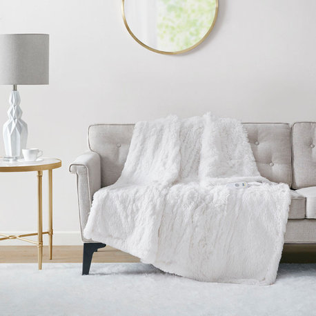 Serta Malea Shaggy Faux Fur Heated Throw, White