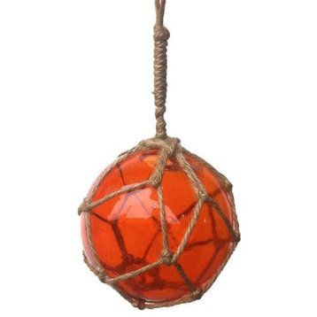 Orange Japanese Glass Ball Fishing Float With Brown Netting Decoration, 4"