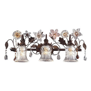 Hand-Blown Glass Florets Three Light Bath Vanity Bell Shaped Shades and Crystal
