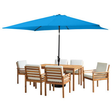 8 Piece Set, Okemo Table, 6 Chairs, 10' Rectangular Umbrella Bright Blue