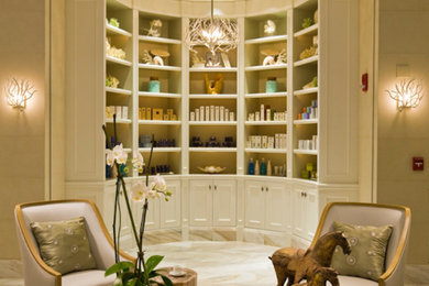 Study room - mid-sized transitional porcelain tile study room idea in Other with beige walls