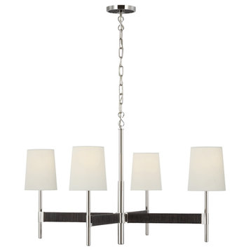 Elle Large Chandelier in Polished Nickel and Black Rattan with Linen Shades