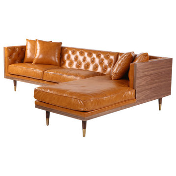 Kardiel Woodrow Neo Classic Sofa Sectional, Tan/Walnut, Right Facing