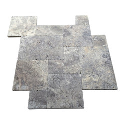 French Pattern Silver Travertine Pavers - Tumbled - Wall And Floor Tile