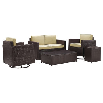 5-Piece Wicker Set Sand Cushions Loveseat, 2 Chairs, Side & Glass Top Table