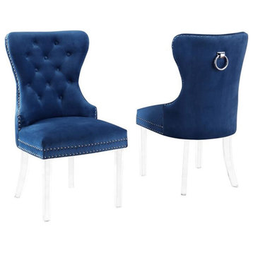 Maklaine Tufted Navy Blue Velvet Side Chairs with Clear Acrylic Legs (Set of 2)