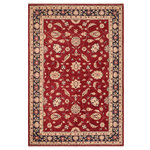 Bareens Designer Rugs - Shabby Chic Ziegler Valene Red Blue Hand-Knotted Wool Rug - 6'3'' x 8'10'' - Enhance the ambiance of your home with this magnificent Persian-influenced Turkish hand-knotted rug made by skilled artisans capable of creating the most exceptional vegetable dyes and hand-spun wool. This exquisite handmade rug is a one-of-a-kind Peshawar Kafkaz, otherwise identified as Chobi, Chobi Peshawar, Oushak, or Ziegler rug. These handmade rugs are crafted in Pakistan utilizing superior-quality wool imported from Australia, New Zealand, and Korea in two types of weaves: the Persian weave and the Mori weave. This rug is meticulously crafted by hand using the finest natural vegetable dyes extracted from local plants. The artisans use a blend of hand-spun local and fine merino wool, resulting in a rug with a compelling texture, higher lanolin content, and longer staple. The artisans occasionally incorporate natural or artificial silk into the pile to enhance specific motifs. The finished product is an awe-inspiring execution of flawless design and an understated palette that exudes elegance.