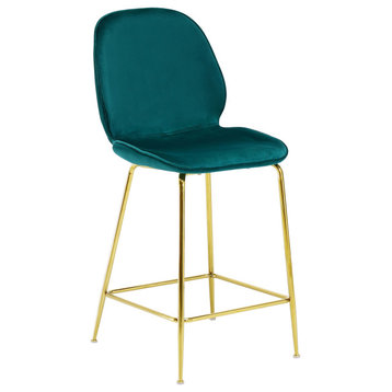 Tara Velvet Bar Chairs with Gold Plated Legs, Set of 2, Green, 24"