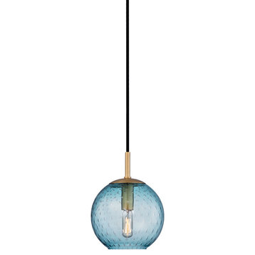 Rousseau, 1 Light, Small Pendant, Aged Brass Finish, Blue Glass
