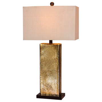 29.5" Hammertone Brown Mercury Glass & Antique Brass Metal Pillar Table Lamp